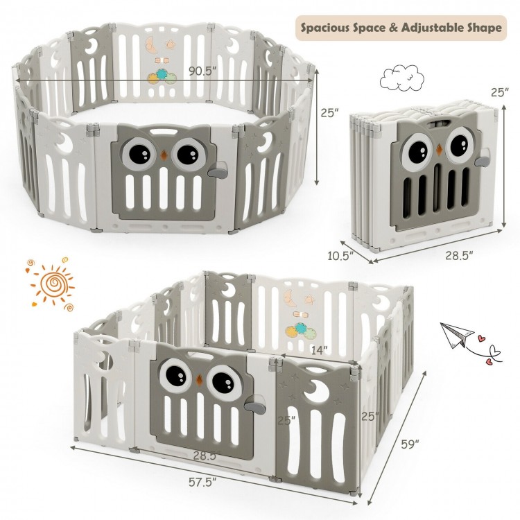 14-panel beige baby playpen with lock door, foldable design, and cute owl pattern for safe playtime activities.