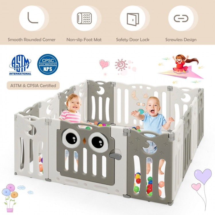 14-panel beige baby playpen with lock door, non-slip mats, and cute owl design for safe play and easy storage.