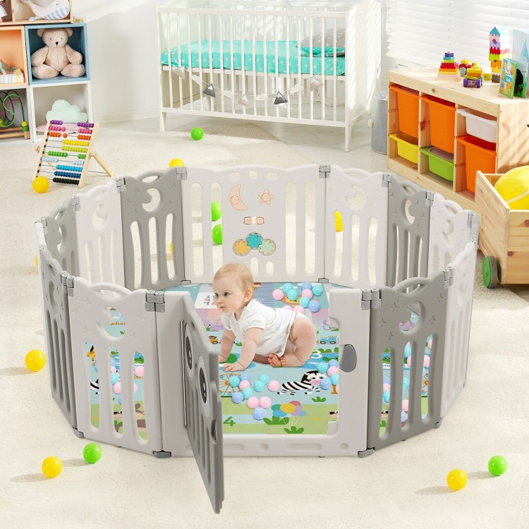 14-panel beige baby playpen with cute owl patterns, providing a safe space for crawling and playing indoors.