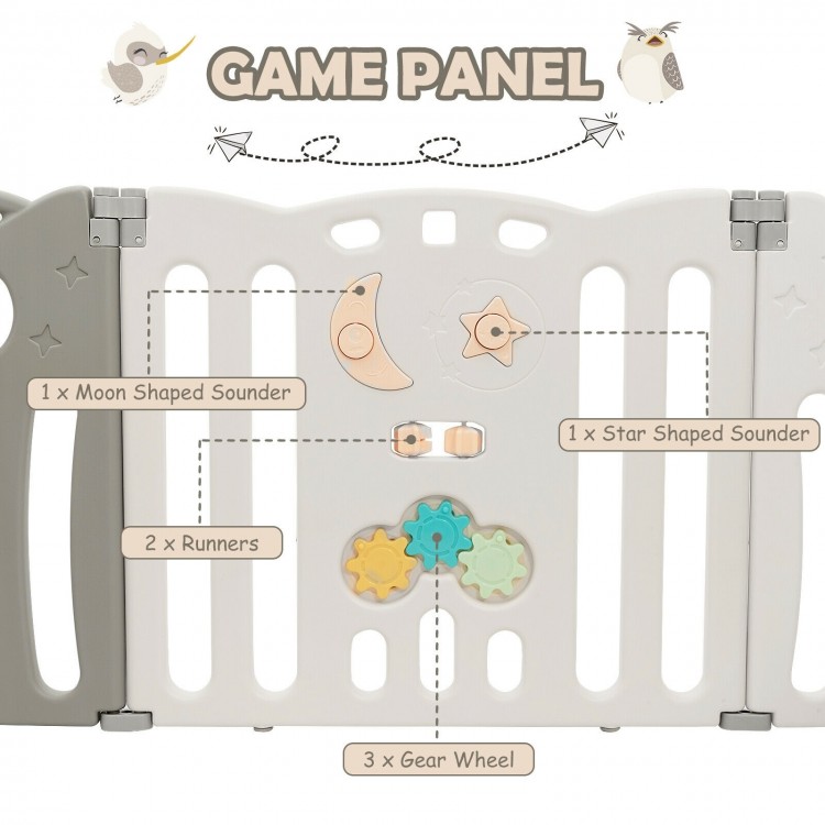 Game panel of the 14-panel baby playpen featuring sounders and gear wheels for interactive play in beige.