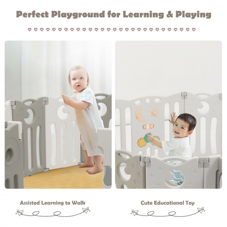 14-panel beige baby playpen with lock door, featuring cute owl patterns and toys for safe play and learning.