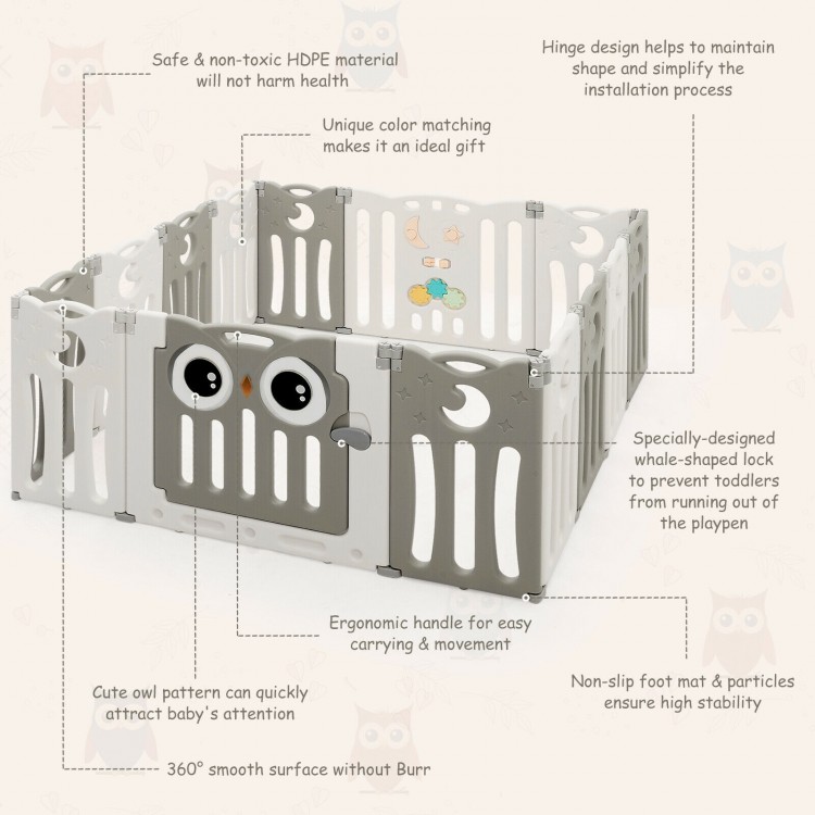 14-panel beige baby playpen with cute owl pattern, ergonomic handles, and non-toxic HDPE material for safe play.