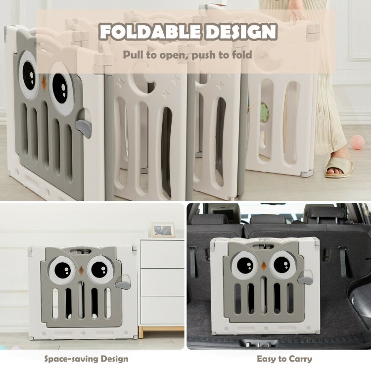 Foldable 14-panel baby playpen in beige with cute owl design, featuring a lock door for safety and easy storage.