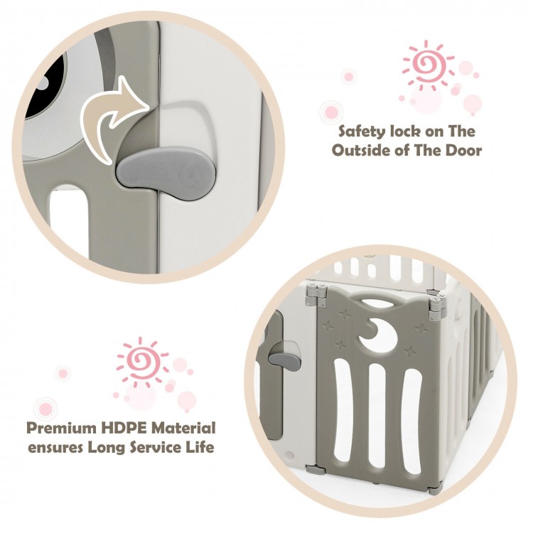 Safety lock detail on the 14-panel beige baby playpen made of durable HDPE material for secure playtime.