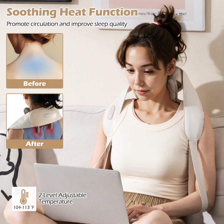 Neck shoulder massager in beige with adjustable heat levels, designed for pain relief and relaxation at home or office.