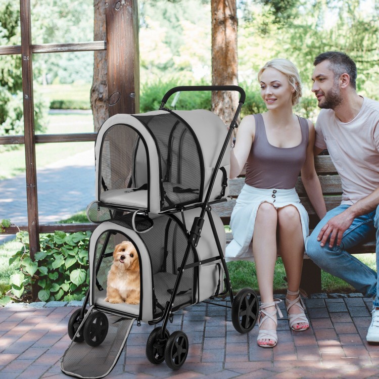 4-in-1 gray double pet stroller with detachable carriers, featuring mesh windows and EVA wheels for easy travel.