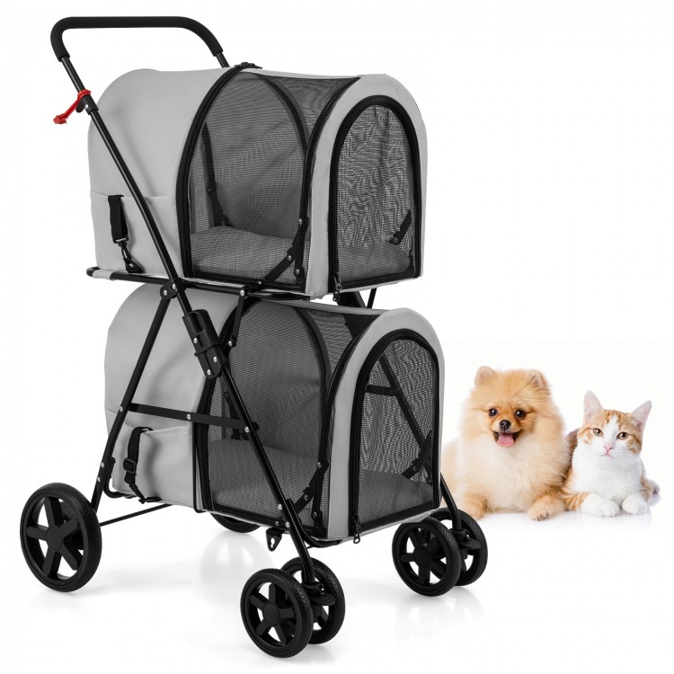 4-in-1 double pet stroller in gray with detachable carriers, suitable for small pets, featuring mesh windows and EVA.