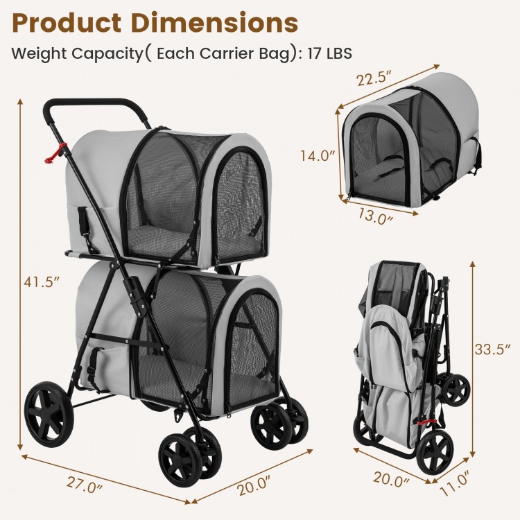 4-in-1 double pet stroller in gray with detachable carriers, showcasing dimensions and foldable design for easy.
