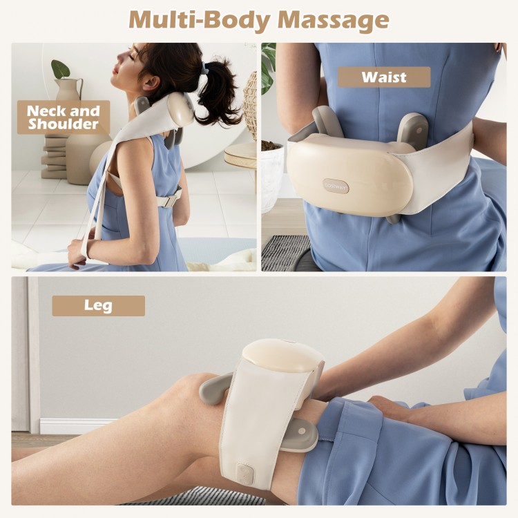 Neck shoulder massager in beige with adjustable straps and heat levels, ideal for pain relief at home or on the go.