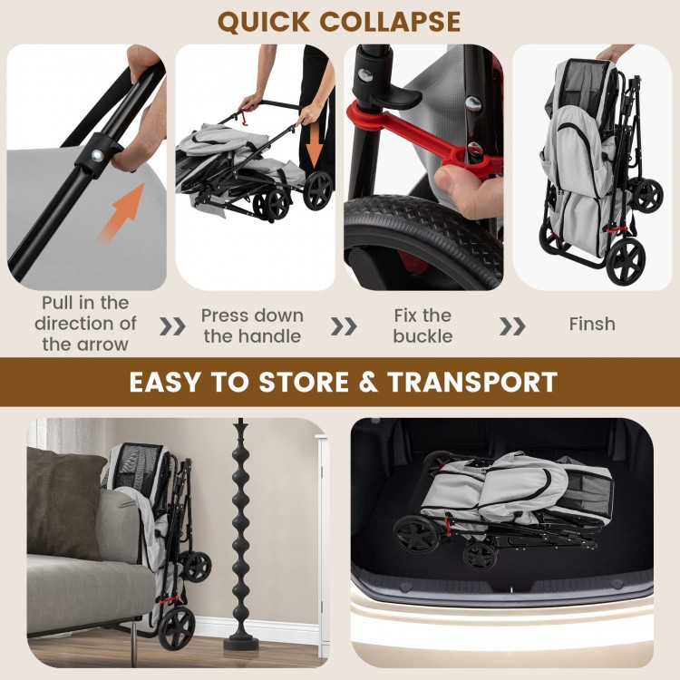4-in-1 double pet stroller in gray, showcasing quick collapse feature for easy storage and transport.