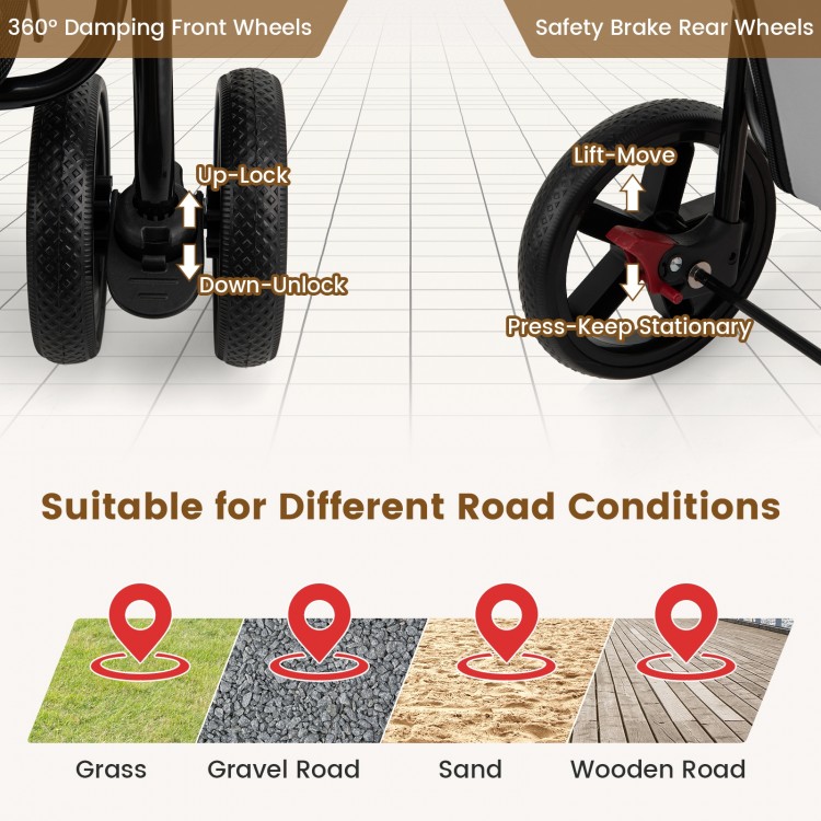 Detail of the 4-in-1 double pet stroller wheels, showcasing EVA wheels for various road conditions and safety brake.