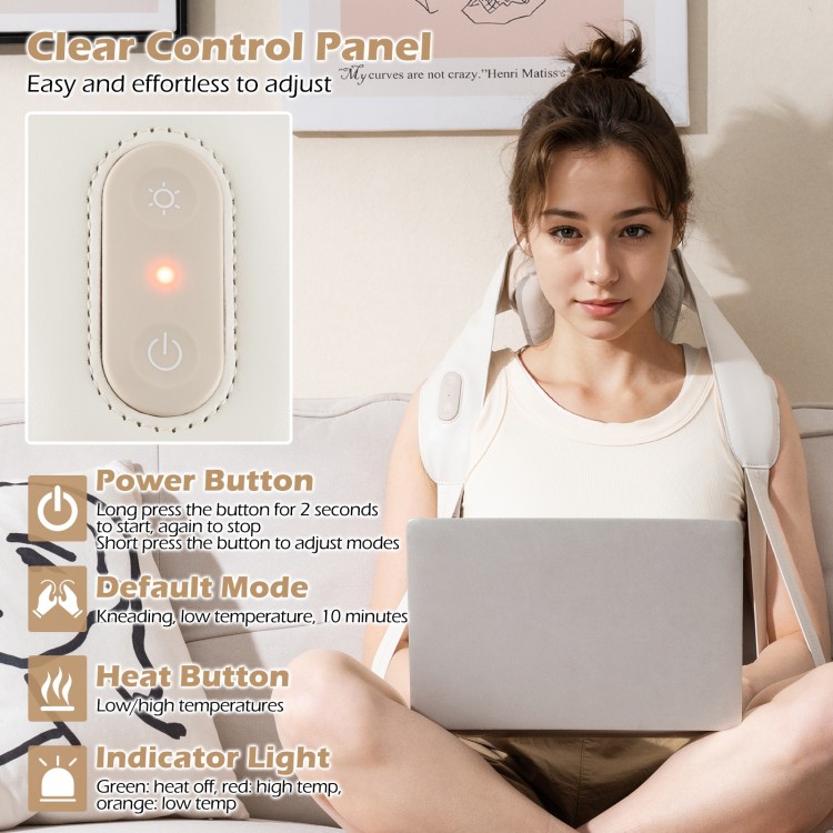 Neck shoulder massager in beige with adjustable straps, 2 heat levels, and clear control panel for pain relief.