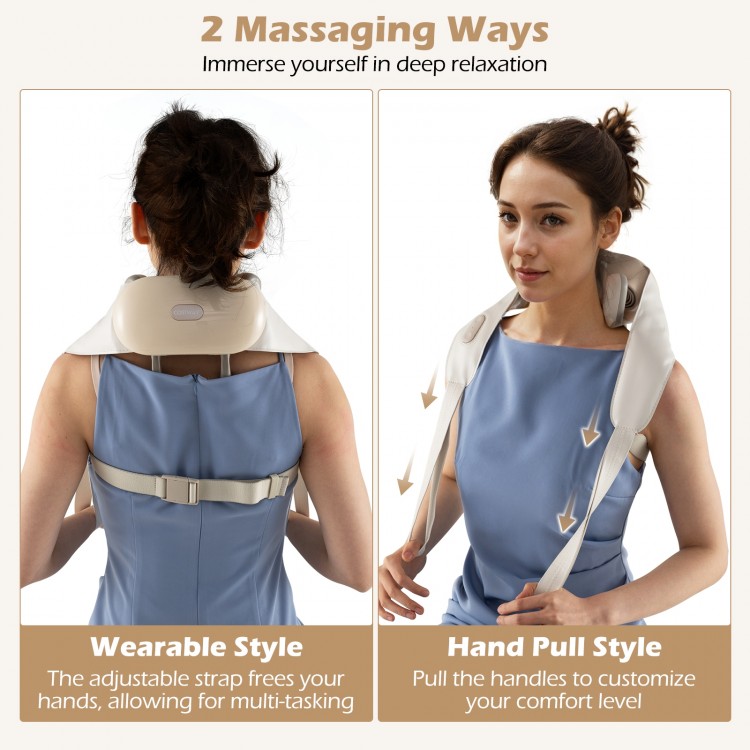 Neck shoulder massager in beige with adjustable straps and pulling handles for customizable comfort and pain relief.