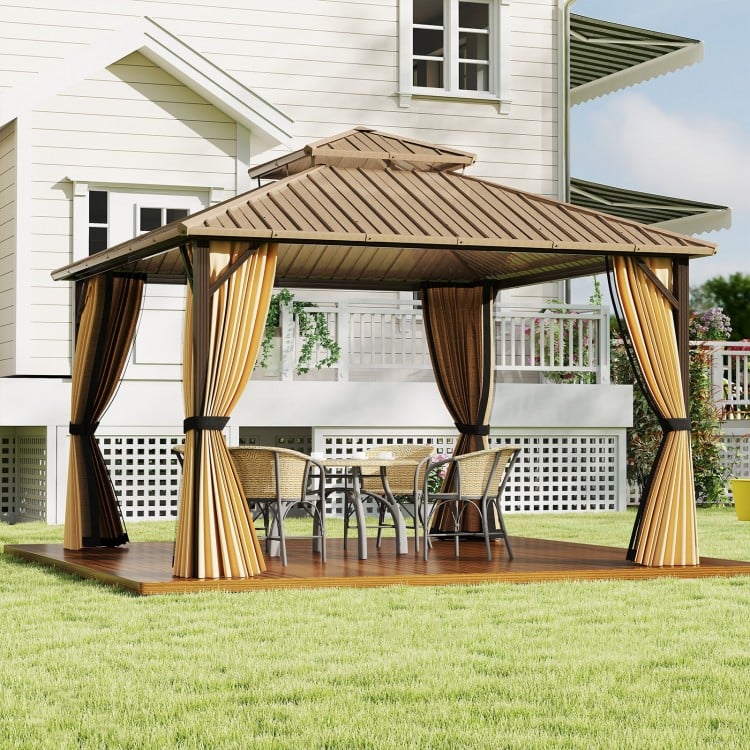12x12 FT hardtop gazebo with waterproof metal roof and zippered curtains, perfect for outdoor patio gatherings.