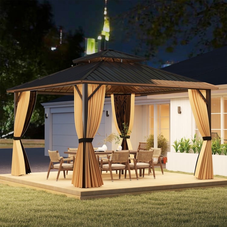 12 x 12 FT hardtop gazebo with waterproof metal roof and mesh sidewalls, perfect for outdoor patio gatherings.
