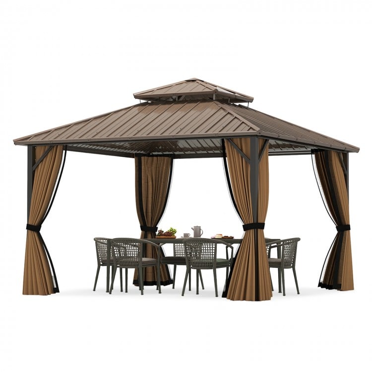 12 x 12 FT hardtop gazebo with waterproof roof and mesh sidewalls, perfect for outdoor patio gatherings and protection.