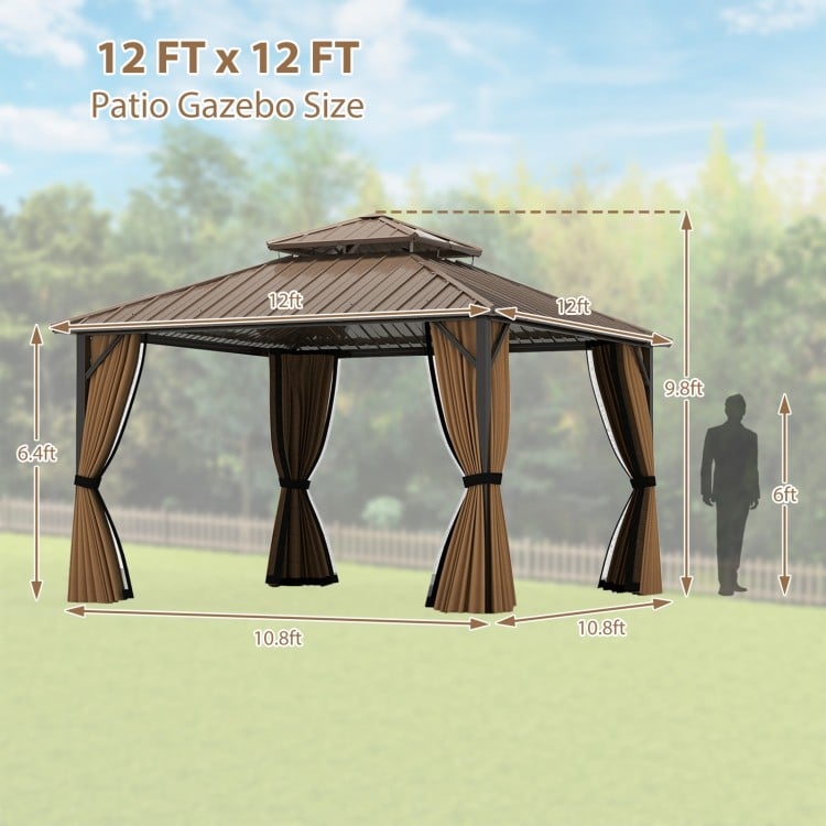 12 x 12 FT hardtop gazebo with waterproof roof and mesh netting, ideal for patio and backyard gatherings.
