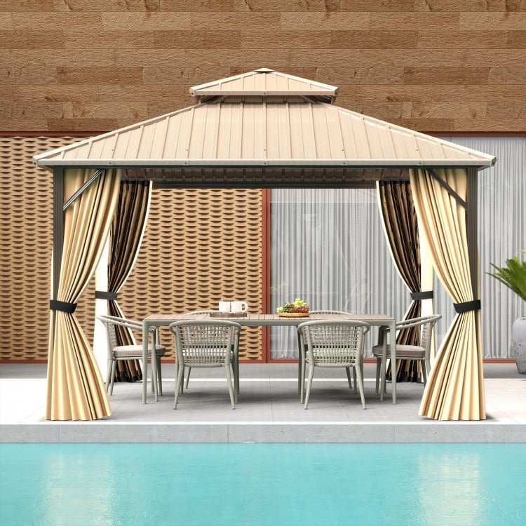 12x12 FT hardtop gazebo with waterproof roof and mesh netting, ideal for outdoor patio gatherings and protection.
