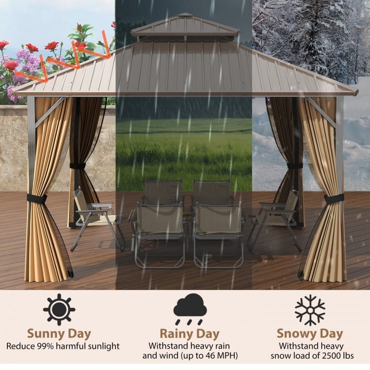 12 x 12 FT hardtop gazebo with a metal roof, designed for outdoor protection against sun, rain, and snow in patios.
