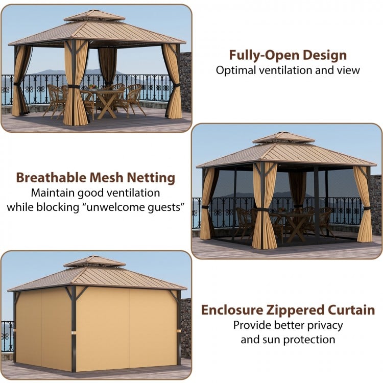12 x 12 FT hardtop gazebo with a double roof design, mesh netting, and zippered curtains for outdoor patio protection.