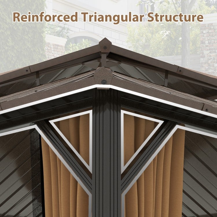 Close-up of the reinforced triangular structure of a 12 x 12 FT hardtop gazebo, showcasing sturdy aluminum frame design.