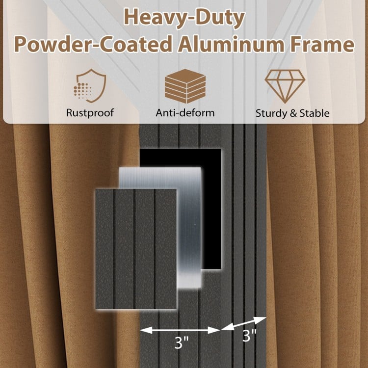 Close-up of the heavy-duty powder-coated aluminum frame, showcasing its sturdy and rustproof design for outdoor gazebos.