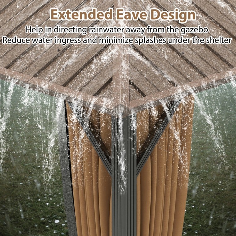 Extended eave design of the 12 x 12 FT hardtop gazebo directs rainwater away for enhanced outdoor protection.