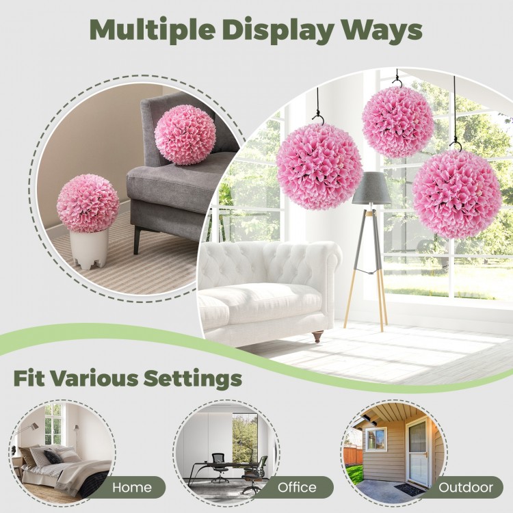 Two pink artificial plant topiary balls displayed in various settings, perfect for home, office, or outdoor decoration.