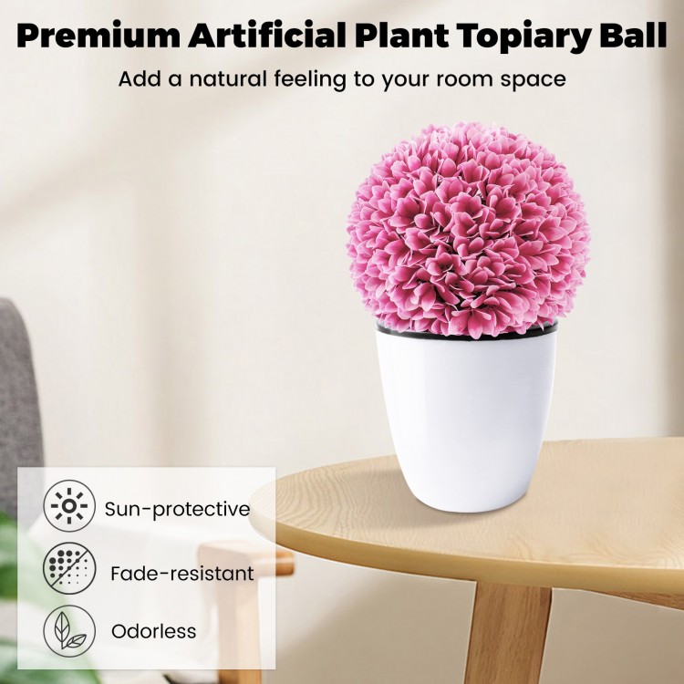 Pink artificial topiary ball in a white pot, sun-protective and fade-resistant, perfect for indoor or outdoor.