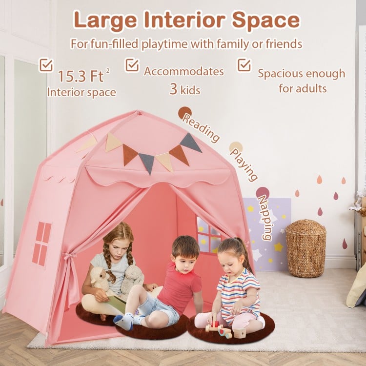Kids play tent in pink with large interior space, suitable for 3 kids, perfect for reading, playing, or napping.