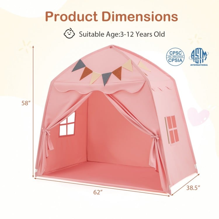 Pink kids play tent with string lights, measuring 62" x 38.5", perfect for playtime and reading nooks.