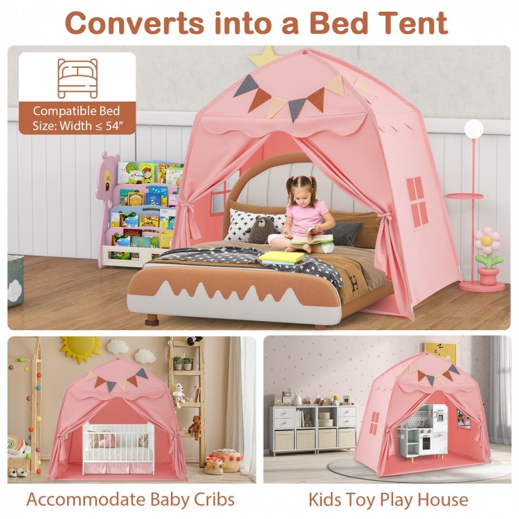 Extra large pink kids play tent with string lights, converts into a bed tent for beds under 54", perfect for playtime.