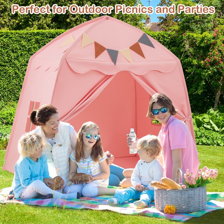 Extra large pink kids play tent with string lights, perfect for outdoor picnics and parties, featuring a boho design.