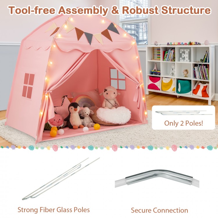 Extra large pink kids play tent with string lights and flags, featuring strong fiberglass poles for easy assembly.