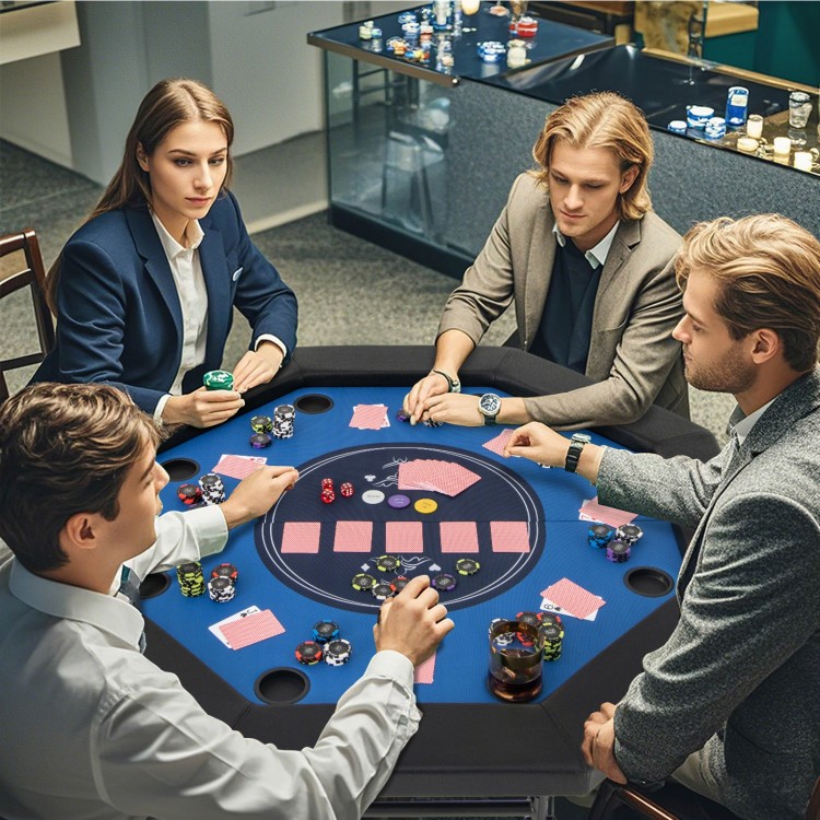 Foldable 48-inch poker table with padded rails and cup holders, perfect for card games with 6-8 players.
