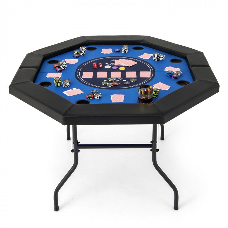 Foldable 48-inch poker table with padded rails, cup holders, and blue felt surface, perfect for 6-8 players.