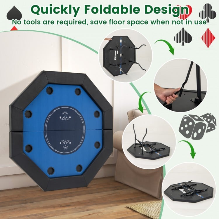 Foldable 48-inch poker table with padded rails and cup holders, ideal for 6-8 players and easy storage when not in use.