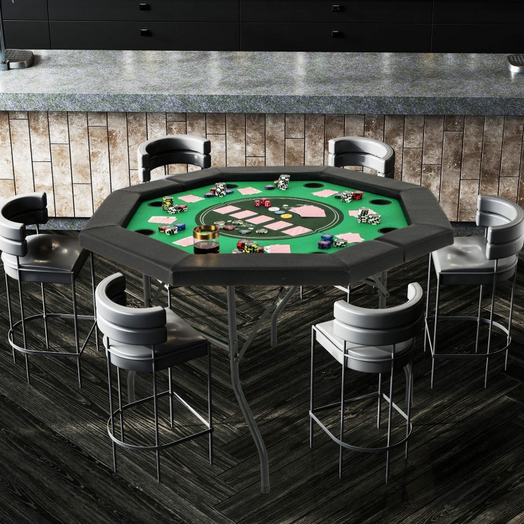 Octagonal 48-inch foldable poker table with padded rails and cup holders, perfect for 6-8 players in game rooms or.