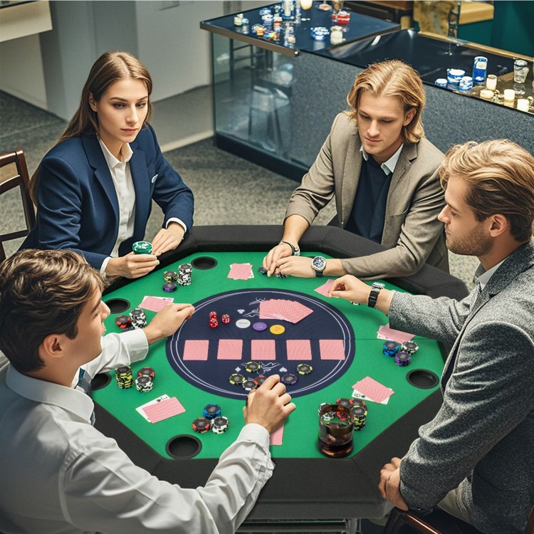 Foldable 48-inch poker table with padded rails and cup holders, ideal for card games with 6-8 players.
