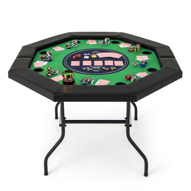 Foldable 48-inch poker table with padded rails, cup holders, and green felt surface, perfect for game rooms and parties.