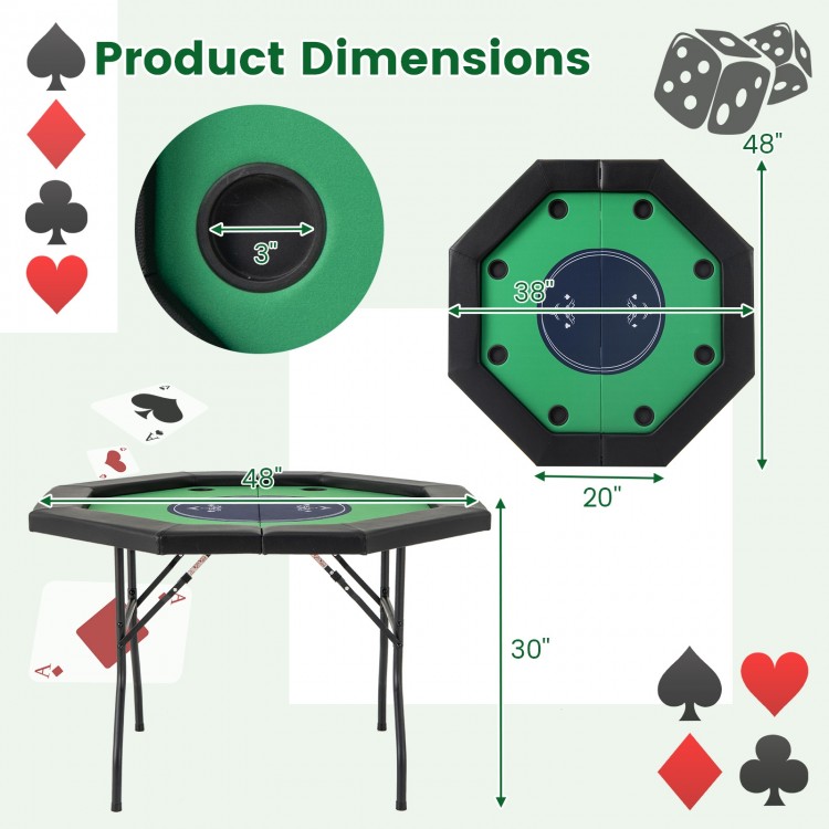 Octagonal 48-inch foldable poker table with padded rails and cup holders, ideal for 6-8 players, perfect for game.
