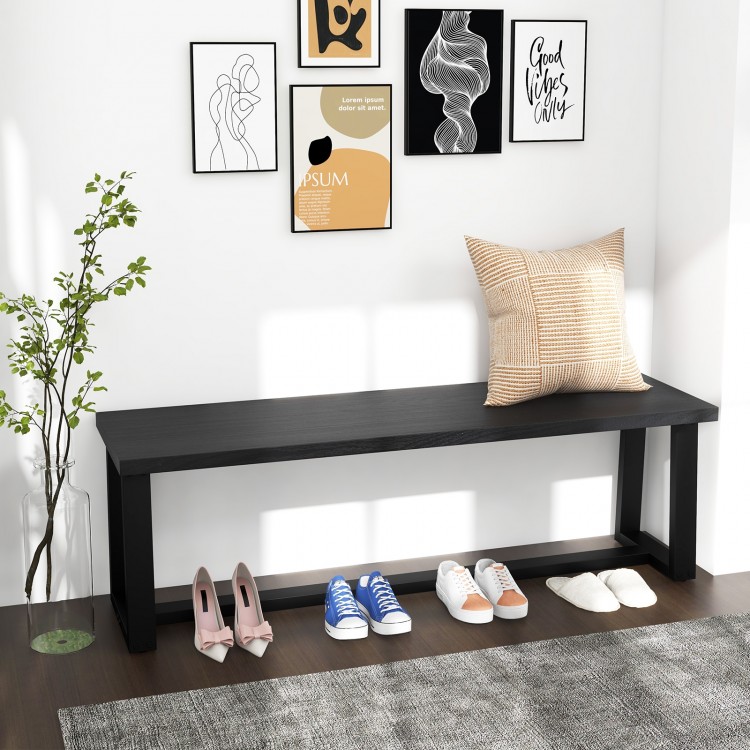 Black wood dining bench with metal frame, featuring adjustable footpads, ideal for versatile seating and shoe storage.
