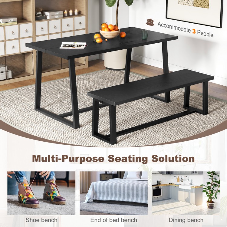 Black wood dining bench with metal frame, adjustable footpads, accommodating 3 people for versatile seating solutions.