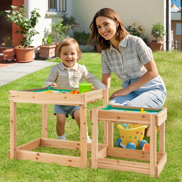 Wooden sand and water tables for kids, made of durable fir wood, perfect for backyard play and enhancing social skills.