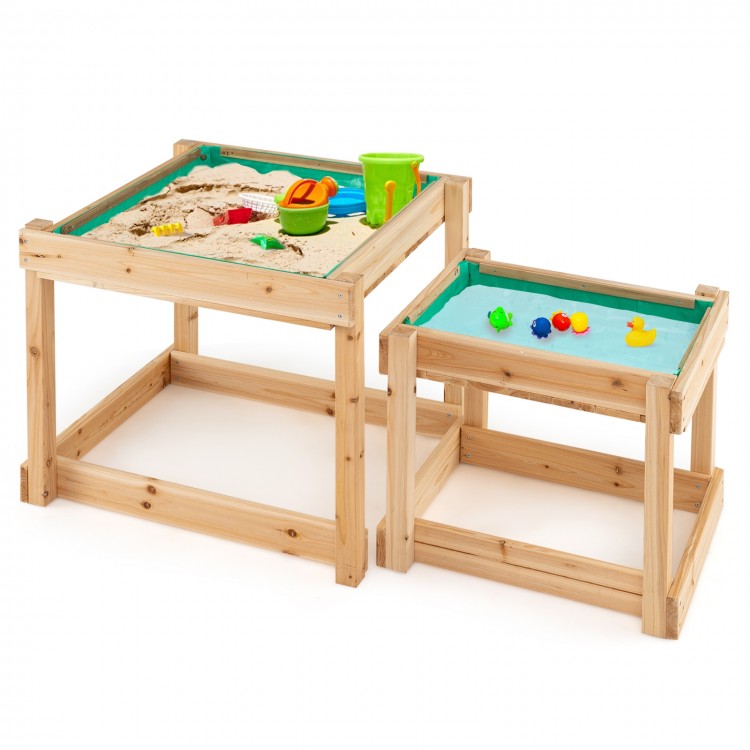 Wooden sand and water tables for kids, made of natural fir wood, featuring a protective cover for backyard play.