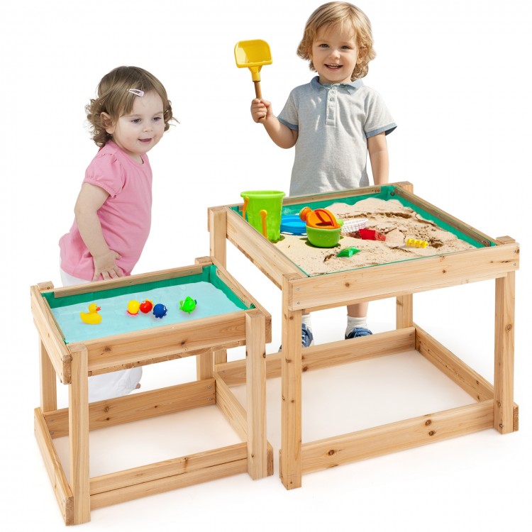 Wooden sand and water tables for kids, made of natural fir wood, ideal for backyard play and enhancing social skills.
