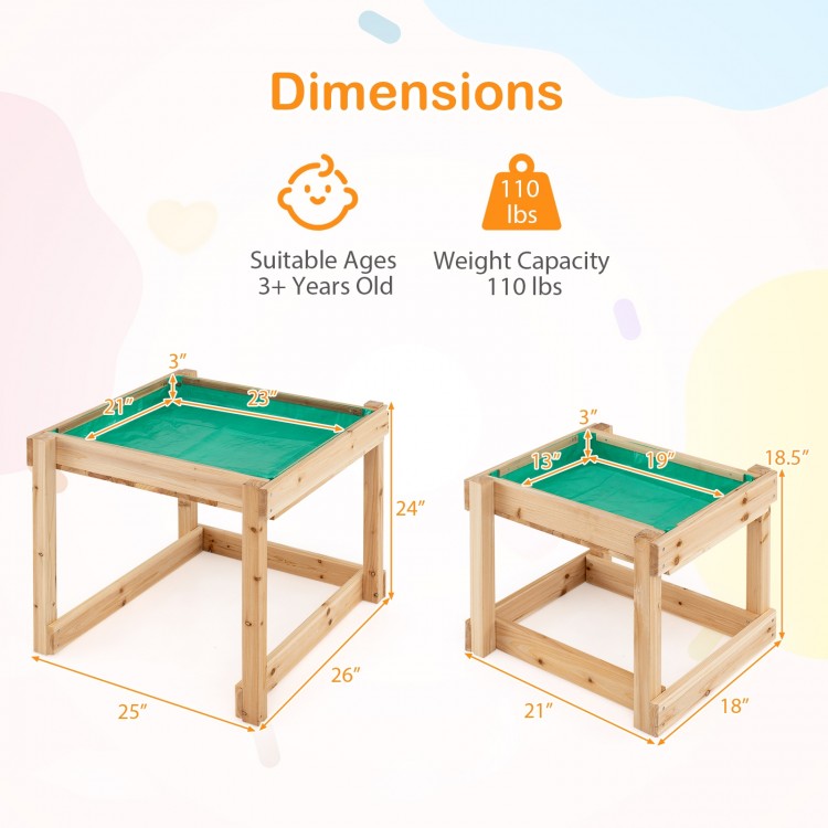 Wooden sand and water tables for kids, featuring a natural fir wood design, dimensions, and protective cover for.