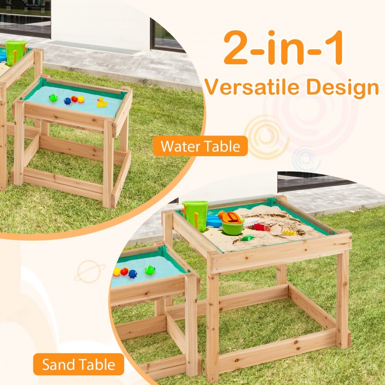 Wooden sand and water tables in natural fir wood, featuring a 2-in-1 design for backyard play and creativity.