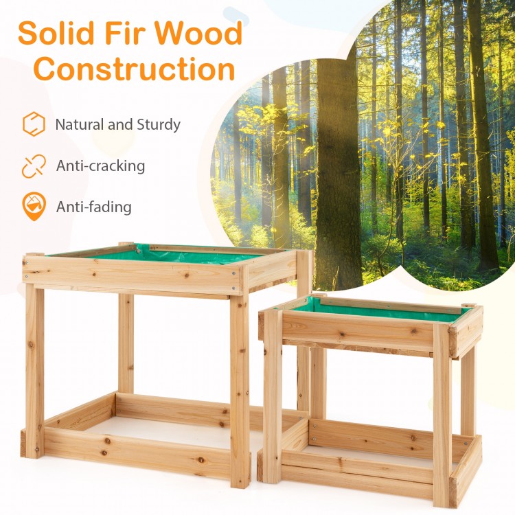 Wooden sand and water tables made of natural fir wood, featuring a protective cover, ideal for kids' outdoor play.
