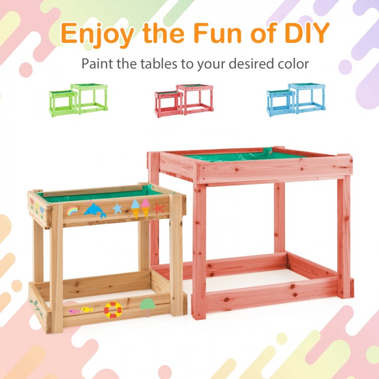 Wooden sand and water tables in natural fir wood, ideal for kids' DIY fun in the backyard or garden.